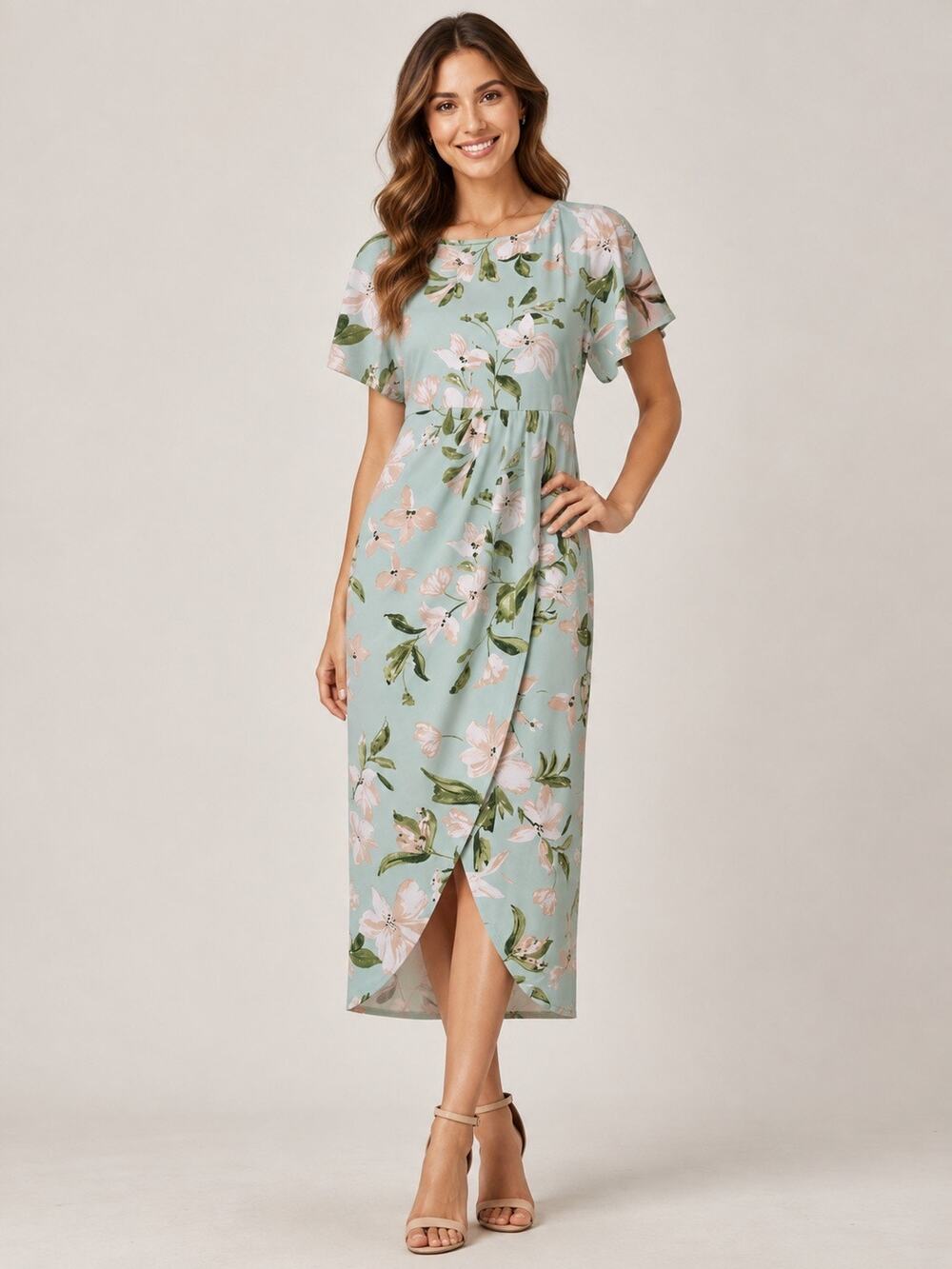Gilli Sage Floral Midi Dress Tulip Hem Flutter Sleeve Tie Back NWT Garden Medium